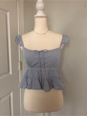 La Hearts Light Blue Peplum Tie-Front Crop Top